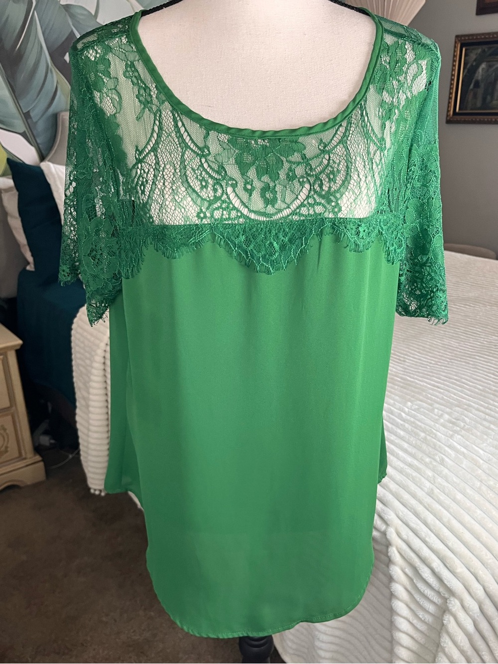 SHIEN Green Lace Yoke Women's Blouse Size XL